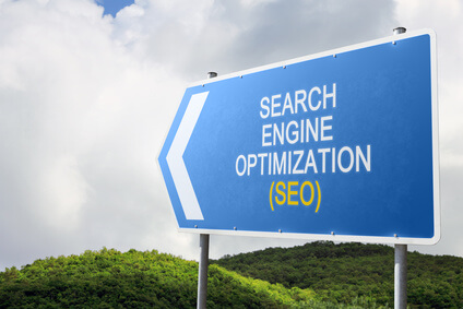 Search Engine Optimization (SEO). Blue traffic sign.